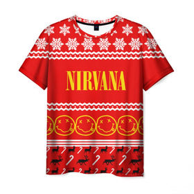 Мужская футболка 3D с принтом Праздничный Nirvana в Санкт-Петербурге, 100% полиэфир | прямой крой, круглый вырез горловины, длина до линии бедер | cobain | kurt | nirvana | альтернативный | гранж | группа | дональд | знак | кобейн | красный | курт | музыка | музыкант | надпись | нервана | нирвана | новогодний | новоселич | новый год | певец | праздник
