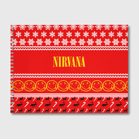 Альбом для рисования с принтом Праздничный Nirvana в Санкт-Петербурге, 100% бумага
 | матовая бумага, плотность 200 мг. | cobain | kurt | nirvana | альтернативный | гранж | группа | дональд | знак | кобейн | красный | курт | музыка | музыкант | надпись | нервана | нирвана | новогодний | новоселич | новый год | певец | праздник