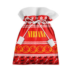 Подарочный 3D мешок с принтом Праздничный Nirvana в Санкт-Петербурге, 100% полиэстер | Размер: 29*39 см | cobain | kurt | nirvana | альтернативный | гранж | группа | дональд | знак | кобейн | красный | курт | музыка | музыкант | надпись | нервана | нирвана | новогодний | новоселич | новый год | певец | праздник
