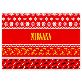 Поздравительная открытка с принтом Праздничный Nirvana в Санкт-Петербурге, 100% бумага | плотность бумаги 280 г/м2, матовая, на обратной стороне линовка и место для марки
 | Тематика изображения на принте: cobain | kurt | nirvana | альтернативный | гранж | группа | дональд | знак | кобейн | красный | курт | музыка | музыкант | надпись | нервана | нирвана | новогодний | новоселич | новый год | певец | праздник