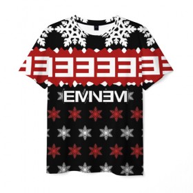 Мужская футболка 3D с принтом Праздничный Eminem в Санкт-Петербурге, 100% полиэфир | прямой крой, круглый вырез горловины, длина до линии бедер | hip hop | hiphop | mc | rap | брюс | еменем | еминем | зачитал | знак | красный | маршалл | мс | мэтерс | надпись | новогодний | новый год | праздник | реп | репер | речитатив | рождество | рэп | рэпер | снежинки | хип