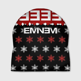 Шапка 3D с принтом Праздничный Eminem в Санкт-Петербурге, 100% полиэстер | универсальный размер, печать по всей поверхности изделия | hip hop | hiphop | mc | rap | брюс | еменем | еминем | зачитал | знак | красный | маршалл | мс | мэтерс | надпись | новогодний | новый год | праздник | реп | репер | речитатив | рождество | рэп | рэпер | снежинки | хип