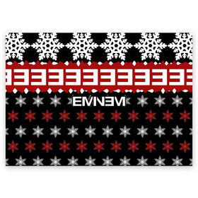 Поздравительная открытка с принтом Праздничный Eminem в Санкт-Петербурге, 100% бумага | плотность бумаги 280 г/м2, матовая, на обратной стороне линовка и место для марки
 | hip hop | hiphop | mc | rap | брюс | еменем | еминем | зачитал | знак | красный | маршалл | мс | мэтерс | надпись | новогодний | новый год | праздник | реп | репер | речитатив | рождество | рэп | рэпер | снежинки | хип