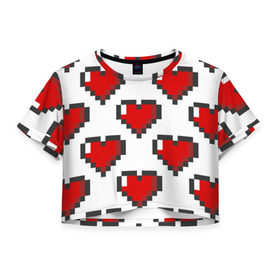 Женская футболка 3D укороченная с принтом Пиксельные сердечки в Санкт-Петербурге, 100% полиэстер | круглая горловина, длина футболки до линии талии, рукава с отворотами | Тематика изображения на принте: 14 | love | валентин | губы | день | любовь | подарок | поцелуй | сердце | страсть | февраль