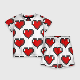 Детский костюм с шортами 3D с принтом Пиксельные сердечки в Санкт-Петербурге,  |  | Тематика изображения на принте: 14 | love | валентин | губы | день | любовь | подарок | поцелуй | сердце | страсть | февраль