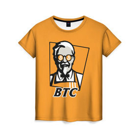 Женская футболка 3D с принтом BITCOIN в стиле KFC в Санкт-Петербурге, 100% полиэфир ( синтетическое хлопкоподобное полотно) | прямой крой, круглый вырез горловины, длина до линии бедер | bitcoin | btc | crypto | kfc | биткоин | валюта | деньги | криптовалюта | цифровое золото