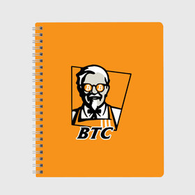 Тетрадь с принтом BITCOIN в стиле KFC в Санкт-Петербурге, 100% бумага | 48 листов, плотность листов — 60 г/м2, плотность картонной обложки — 250 г/м2. Листы скреплены сбоку удобной пружинной спиралью. Уголки страниц и обложки скругленные. Цвет линий — светло-серый
 | Тематика изображения на принте: bitcoin | btc | crypto | kfc | биткоин | валюта | деньги | криптовалюта | цифровое золото