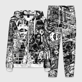 Мужской костюм 3D с принтом Стикербомбинг NEW искусство в Санкт-Петербурге, 100% полиэстер | Манжеты и пояс оформлены тканевой резинкой, двухслойный капюшон со шнурком для регулировки, карманы спереди | искусство | стикер | стикербомбинг | чб | чернобелый