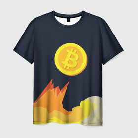 Мужская футболка 3D с принтом BITCOIN UP в Санкт-Петербурге, 100% полиэфир | прямой крой, круглый вырез горловины, длина до линии бедер | Тематика изображения на принте: bitcoin | btc | crypto | биткоин | валюта | деньги | криптовалюта | майнер | майнинг | цифровое золото