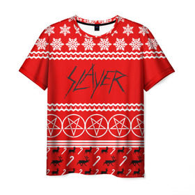 Мужская футболка 3D с принтом Праздничный Slayer в Санкт-Петербурге, 100% полиэфир | прямой крой, круглый вырез горловины, длина до линии бедер | Тематика изображения на принте: slayer | группа | гэри холт | знак | керри кинг | красный | метал | музыка | надпись | новогодний | новый год | песни | пол бостаф | праздник | рождество | рок | слаер | слайер | слеар | слеер | слейр | слеяр