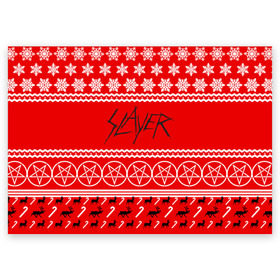 Поздравительная открытка с принтом Праздничный Slayer в Санкт-Петербурге, 100% бумага | плотность бумаги 280 г/м2, матовая, на обратной стороне линовка и место для марки
 | slayer | группа | гэри холт | знак | керри кинг | красный | метал | музыка | надпись | новогодний | новый год | песни | пол бостаф | праздник | рождество | рок | слаер | слайер | слеар | слеер | слейр | слеяр