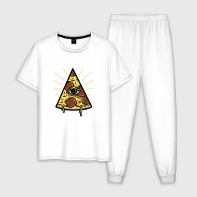 Мужская пижама хлопок с принтом Божественная пицца в Санкт-Петербурге, 100% хлопок | брюки и футболка прямого кроя, без карманов, на брюках мягкая резинка на поясе и по низу штанин
 | вкусняшка | глаз | еда | пицца | фаст фуд | хавчик