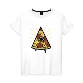 Женская футболка хлопок с принтом Божественная пицца в Санкт-Петербурге, 100% хлопок | прямой крой, круглый вырез горловины, длина до линии бедер, слегка спущенное плечо | вкусняшка | глаз | еда | пицца | фаст фуд | хавчик