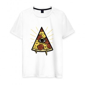 Мужская футболка хлопок с принтом Божественная пицца в Санкт-Петербурге, 100% хлопок | прямой крой, круглый вырез горловины, длина до линии бедер, слегка спущенное плечо. | вкусняшка | глаз | еда | пицца | фаст фуд | хавчик