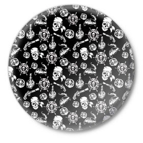 Значок с принтом Pirates Pattern в Санкт-Петербурге,  металл | круглая форма, металлическая застежка в виде булавки | паттерн | пиратский | пираты | черно белый
