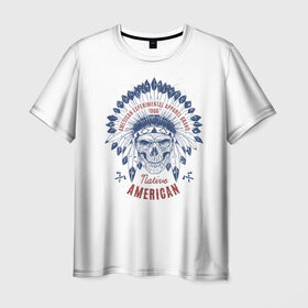 Мужская футболка 3D с принтом Native American в Санкт-Петербурге, 100% полиэфир | прямой крой, круглый вырез горловины, длина до линии бедер | america | chieftain | feathers | indian | native american | skeleton | skull | tattoo | америка | американец | вождь | индеец | перья | скелет | тату | череп