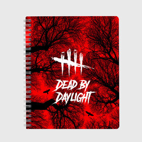 Тетрадь с принтом Dead by Daylight в Санкт-Петербурге, 100% бумага | 48 листов, плотность листов — 60 г/м2, плотность картонной обложки — 250 г/м2. Листы скреплены сбоку удобной пружинной спиралью. Уголки страниц и обложки скругленные. Цвет линий — светло-серый
 | maniacs | выживалка | жертвы | мертвые днем | ужас | хоррор