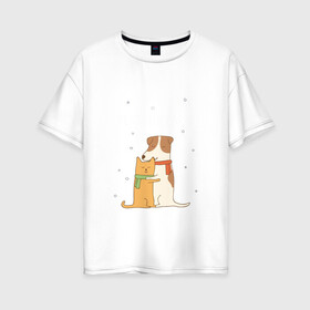 Женская футболка хлопок Oversize с принтом Кот и пес в Санкт-Петербурге, 100% хлопок | свободный крой, круглый ворот, спущенный рукав, длина до линии бедер
 | год собаки | котик | мемес | москва | новый год | россия | собака