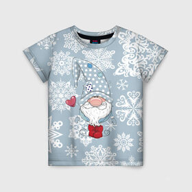 Детская футболка 3D с принтом Милый гномик в Санкт-Петербурге, 100% гипоаллергенный полиэфир | прямой крой, круглый вырез горловины, длина до линии бедер, чуть спущенное плечо, ткань немного тянется | Тематика изображения на принте: happy new year | волшебство | гном | гномик | новый год | снег | снежинки