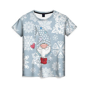Женская футболка 3D с принтом Милый гномик в Санкт-Петербурге, 100% полиэфир ( синтетическое хлопкоподобное полотно) | прямой крой, круглый вырез горловины, длина до линии бедер | Тематика изображения на принте: happy new year | волшебство | гном | гномик | новый год | снег | снежинки