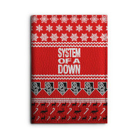 Обложка для автодокументов с принтом Праздничный System of a Down в Санкт-Петербурге, натуральная кожа |  размер 19,9*13 см; внутри 4 больших “конверта” для документов и один маленький отдел — туда идеально встанут права | soad | soil | system of a down | группа | дав | дарон малакян | джон долмаян | знак | красный | надпись | новогодний | новый год | оф | праздник | рождество | рок | серж танкян | систем | снежинки | соад | сод | соэд