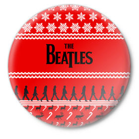 Значок с принтом Праздничный The Beatles в Санкт-Петербурге,  металл | круглая форма, металлическая застежка в виде булавки | beatles | the beatles | бител | битлз | битлс | битлы | группа | джон леннон | джордж харрисон | жуки | знак | красный | ливерпульская четвёрка | мерсибит | надпись | новогодний | новый год | пол маккартни | поп