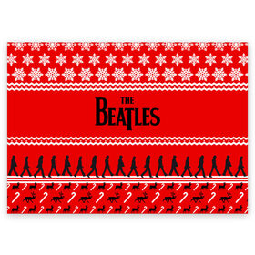 Поздравительная открытка с принтом Праздничный The Beatles в Санкт-Петербурге, 100% бумага | плотность бумаги 280 г/м2, матовая, на обратной стороне линовка и место для марки
 | beatles | the beatles | бител | битлз | битлс | битлы | группа | джон леннон | джордж харрисон | жуки | знак | красный | ливерпульская четвёрка | мерсибит | надпись | новогодний | новый год | пол маккартни | поп