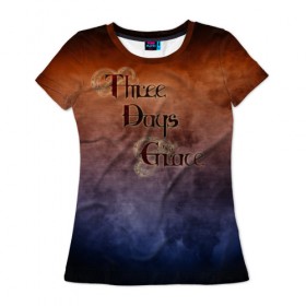 Женская футболка 3D с принтом Three Days Grace в Санкт-Петербурге, 100% полиэфир ( синтетическое хлопкоподобное полотно) | прямой крой, круглый вырез горловины, длина до линии бедер | band | metal | music | rock | атрибутика | группа | метал | музыка | рок