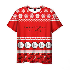 Мужская футболка 3D с принтом Праздничный Twenty One Pilots в Санкт-Петербурге, 100% полиэфир | прямой крой, круглый вырез горловины, длина до линии бедер | Тематика изображения на принте: 21 pilots | красный | новогодний | рождество | снежинки