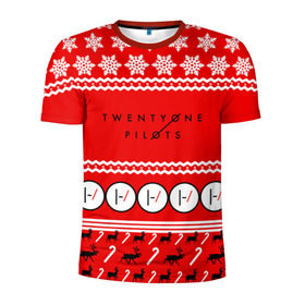 Мужская футболка 3D спортивная с принтом Праздничный Twenty One Pilots в Санкт-Петербурге, 100% полиэстер с улучшенными характеристиками | приталенный силуэт, круглая горловина, широкие плечи, сужается к линии бедра | 21 pilots | красный | новогодний | рождество | снежинки