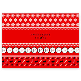 Поздравительная открытка с принтом Праздничный Twenty One Pilots в Санкт-Петербурге, 100% бумага | плотность бумаги 280 г/м2, матовая, на обратной стороне линовка и место для марки
 | 21 pilots | красный | новогодний | рождество | снежинки