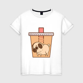 Женская футболка хлопок с принтом мопс-кофе в Санкт-Петербурге, 100% хлопок | прямой крой, круглый вырез горловины, длина до линии бедер, слегка спущенное плечо | 