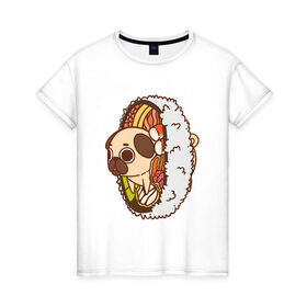 Женская футболка хлопок с принтом мопс-ролл в Санкт-Петербурге, 100% хлопок | прямой крой, круглый вырез горловины, длина до линии бедер, слегка спущенное плечо | 
