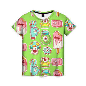 Женская футболка 3D с принтом Страшилки монстрики в Санкт-Петербурге, 100% полиэфир ( синтетическое хлопкоподобное полотно) | прямой крой, круглый вырез горловины, длина до линии бедер | глаз | монстр | мороженое | мультик | приведение | розовый | ужасы | улыбка | цветная