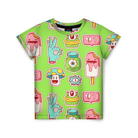 Детская футболка 3D с принтом Страшилки монстрики в Санкт-Петербурге, 100% гипоаллергенный полиэфир | прямой крой, круглый вырез горловины, длина до линии бедер, чуть спущенное плечо, ткань немного тянется | глаз | монстр | мороженое | мультик | приведение | розовый | ужасы | улыбка | цветная