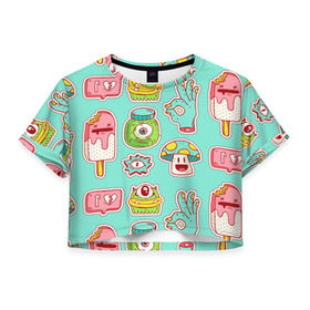 Женская футболка 3D укороченная с принтом Яркие монстрики в Санкт-Петербурге, 100% полиэстер | круглая горловина, длина футболки до линии талии, рукава с отворотами | глаз | монстр | мороженое | мультик | приведение | розовый | ужасы | улыбка | цветная