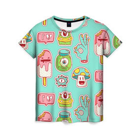Женская футболка 3D с принтом Яркие монстрики в Санкт-Петербурге, 100% полиэфир ( синтетическое хлопкоподобное полотно) | прямой крой, круглый вырез горловины, длина до линии бедер | глаз | монстр | мороженое | мультик | приведение | розовый | ужасы | улыбка | цветная