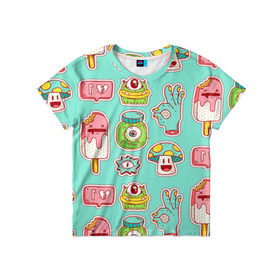 Детская футболка 3D с принтом Яркие монстрики в Санкт-Петербурге, 100% гипоаллергенный полиэфир | прямой крой, круглый вырез горловины, длина до линии бедер, чуть спущенное плечо, ткань немного тянется | глаз | монстр | мороженое | мультик | приведение | розовый | ужасы | улыбка | цветная