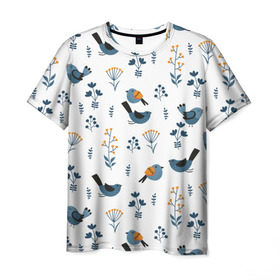 Мужская футболка 3D с принтом Воробушки в Санкт-Петербурге, 100% полиэфир | прямой крой, круглый вырез горловины, длина до линии бедер | воробей | зяблик | минимализм | паттерн | птицы | цветы | чиж
