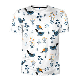 Мужская футболка 3D спортивная с принтом Воробушки в Санкт-Петербурге, 100% полиэстер с улучшенными характеристиками | приталенный силуэт, круглая горловина, широкие плечи, сужается к линии бедра | воробей | зяблик | минимализм | паттерн | птицы | цветы | чиж
