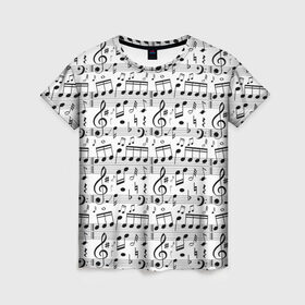 Женская футболка 3D с принтом Нотный стан в Санкт-Петербурге, 100% полиэфир ( синтетическое хлопкоподобное полотно) | прямой крой, круглый вырез горловины, длина до линии бедер | бемоль | диез | до | ля | ми | ноты | октава | паттерн | ре | си | скрипичный ключ | соль | фа