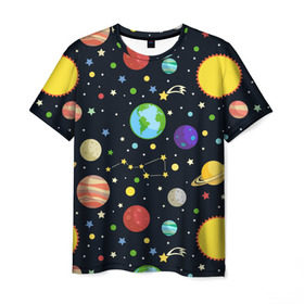 Мужская футболка 3D с принтом Солнечная система в Санкт-Петербурге, 100% полиэфир | прямой крой, круглый вырез горловины, длина до линии бедер | большая медведица | венера | звезда | звезды | земля | космос | марс | меркурий | паттерн | сатурн | созвездия | солнце | уран | юпитер
