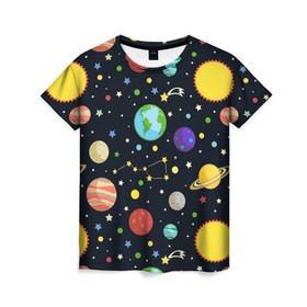 Женская футболка 3D с принтом Солнечная система в Санкт-Петербурге, 100% полиэфир ( синтетическое хлопкоподобное полотно) | прямой крой, круглый вырез горловины, длина до линии бедер | большая медведица | венера | звезда | звезды | земля | космос | марс | меркурий | паттерн | сатурн | созвездия | солнце | уран | юпитер