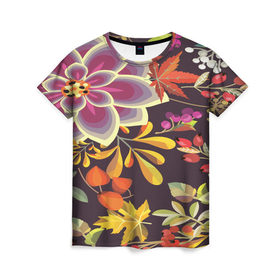Женская футболка 3D с принтом Осенние мотивы в Санкт-Петербурге, 100% полиэфир ( синтетическое хлопкоподобное полотно) | прямой крой, круглый вырез горловины, длина до линии бедер | fashion | flower | акварельные цветы | краски | осень | природа | рисованные цветы | розы | цветы