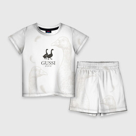 Детский костюм с шортами 3D с принтом GUSSI ga ga ga в Санкт-Петербурге,  |  | Тематика изображения на принте: gucci | gusi | gussi | гуcь | гуси | гучи | гуччи | перо | перья | уточка | уточки