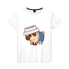 Женская футболка хлопок с принтом мопс-кофе в Санкт-Петербурге, 100% хлопок | прямой крой, круглый вырез горловины, длина до линии бедер, слегка спущенное плечо | pug | мопс