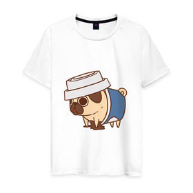 Мужская футболка хлопок с принтом мопс-кофе в Санкт-Петербурге, 100% хлопок | прямой крой, круглый вырез горловины, длина до линии бедер, слегка спущенное плечо. | pug | мопс