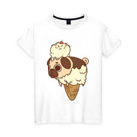 Женская футболка хлопок с принтом мопс-мороженое в Санкт-Петербурге, 100% хлопок | прямой крой, круглый вырез горловины, длина до линии бедер, слегка спущенное плечо | pug | мопс