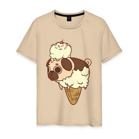 Мужская футболка хлопок с принтом мопс-мороженое в Санкт-Петербурге, 100% хлопок | прямой крой, круглый вырез горловины, длина до линии бедер, слегка спущенное плечо. | pug | мопс