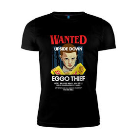Мужская футболка премиум с принтом Wanted: Eggo Thief / 11 в Санкт-Петербурге, 92% хлопок, 8% лайкра | приталенный силуэт, круглый вырез ворота, длина до линии бедра, короткий рукав | 11 | netflix | stranger | things | бобби | браун | милли | нетфликс | одиннадцать